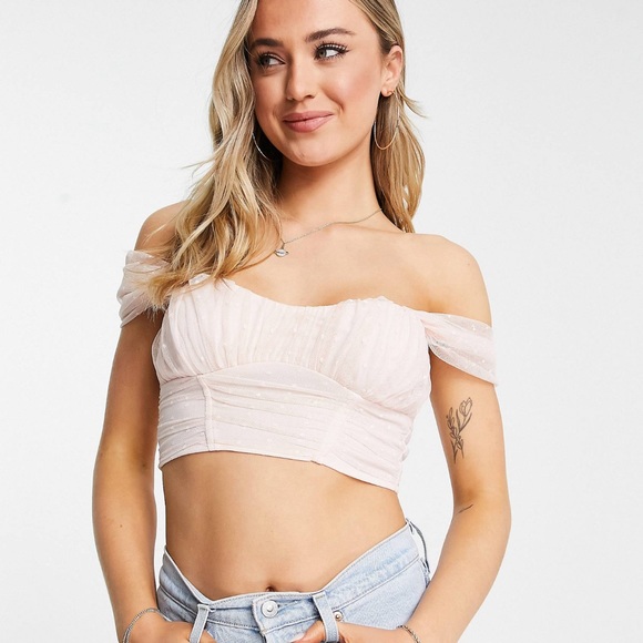 NWT. Miss Selfridge pleated textured mesh bardot crop top in blush/pink. Size 8. - Picture 3 of 4